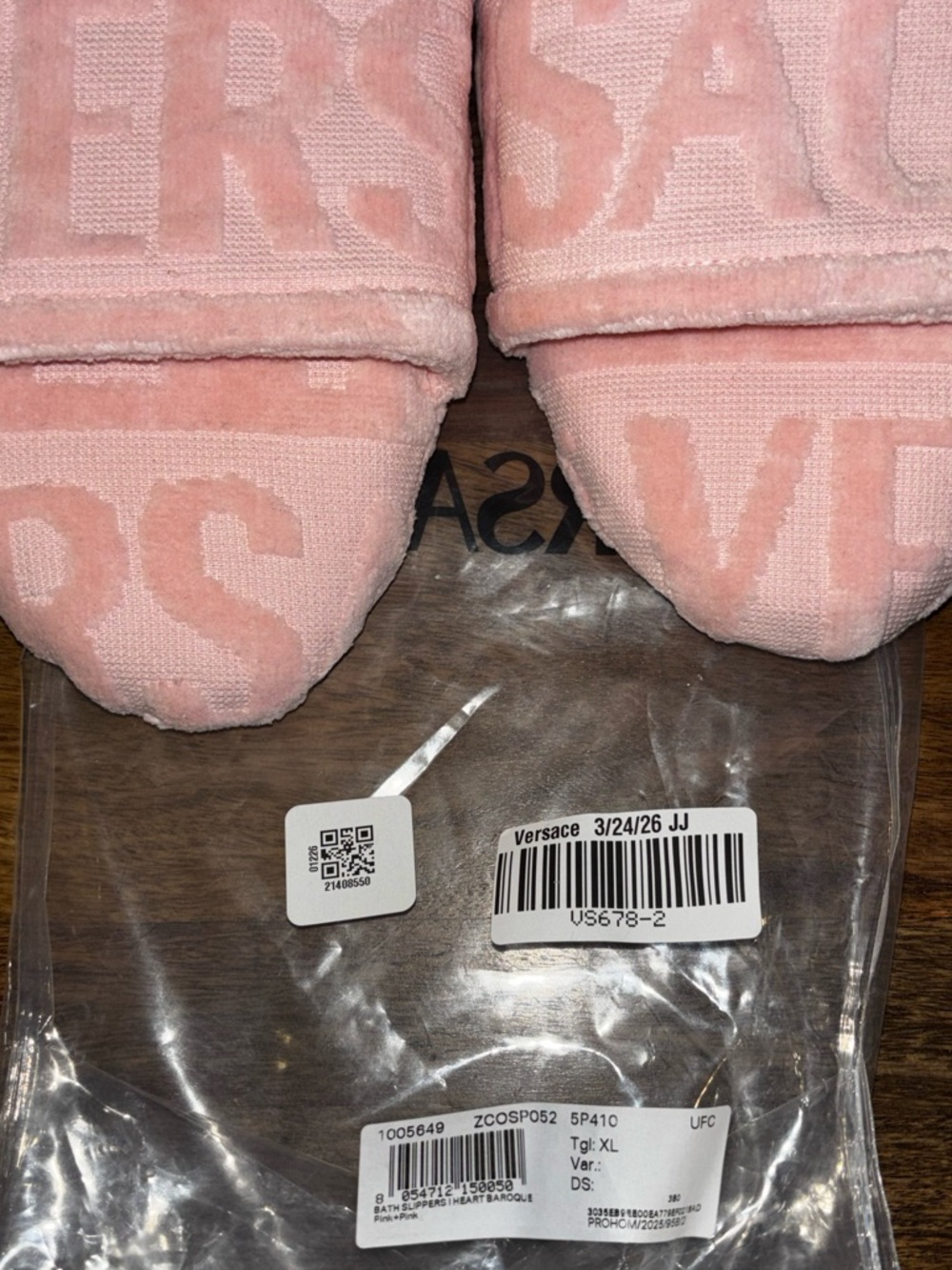 Versace Pink Rosa Allover Baroque Bath Slippers XL Authentic - Picture 4 of 5
